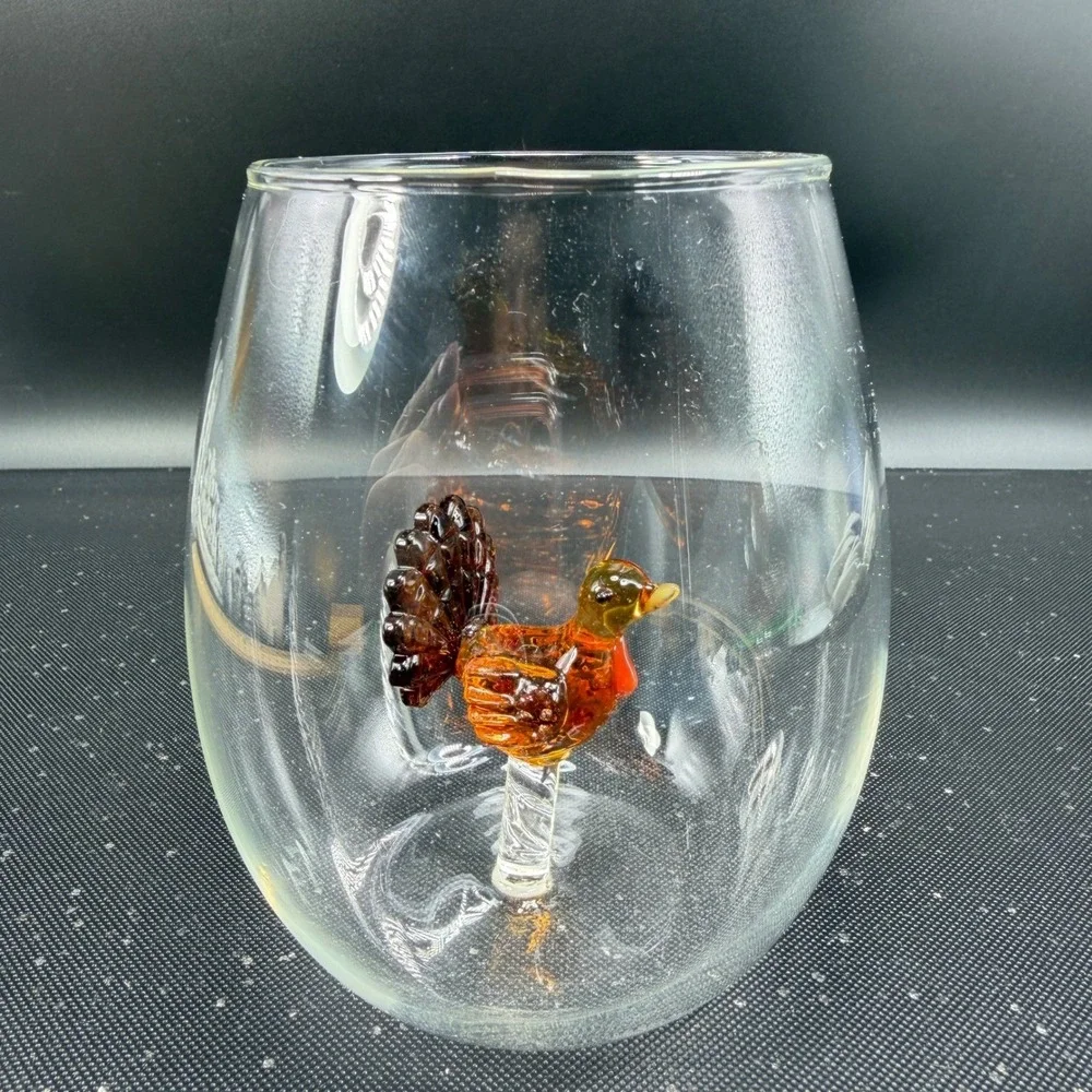 Crate and Barrel Turkey Stemless Wine Glasses Set of 2 Thanksgiving Glassware